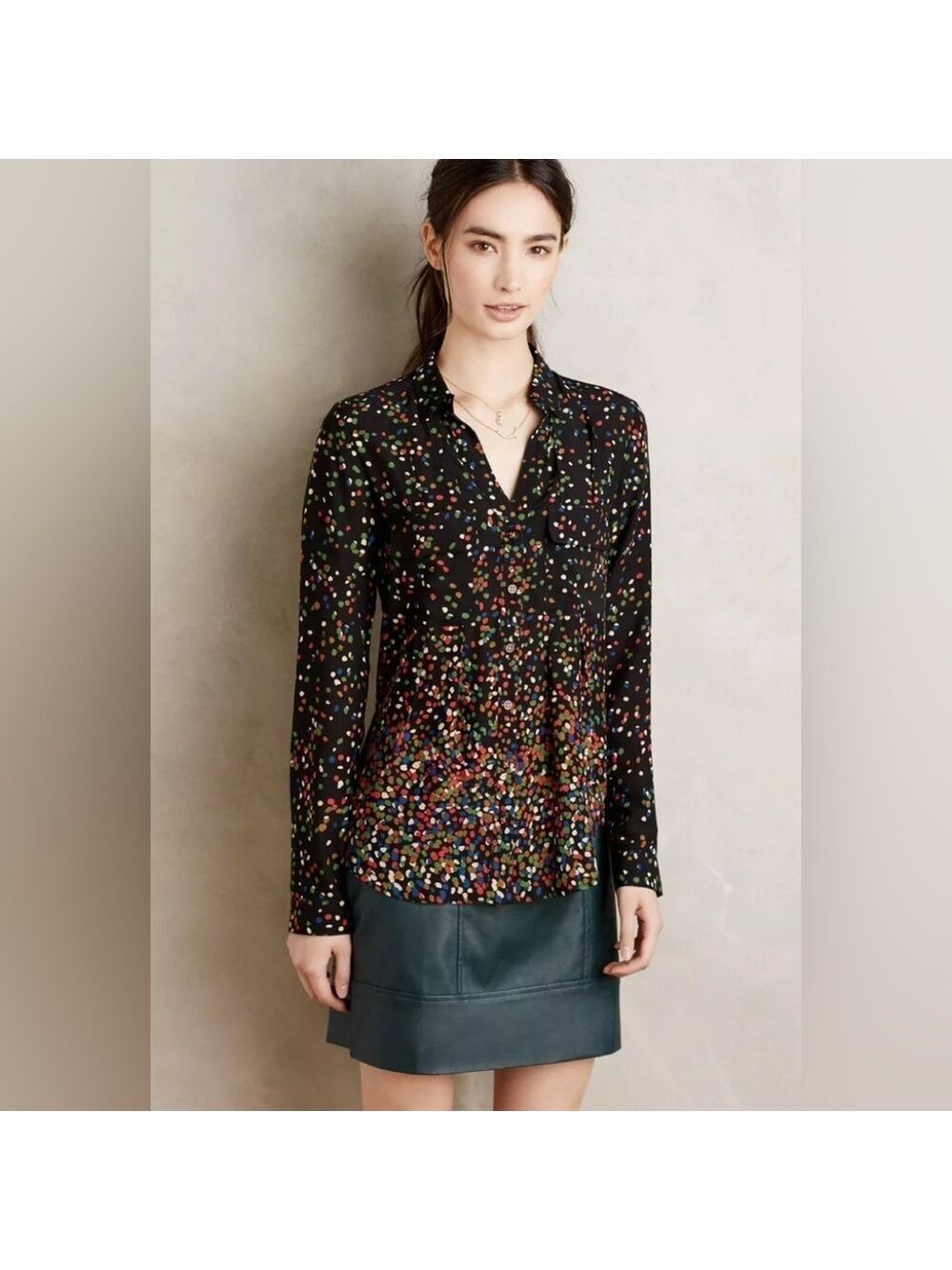 Anthropologie Maeve Polka Dot Confetti Button Front Blouse SZ 6 Black Multi